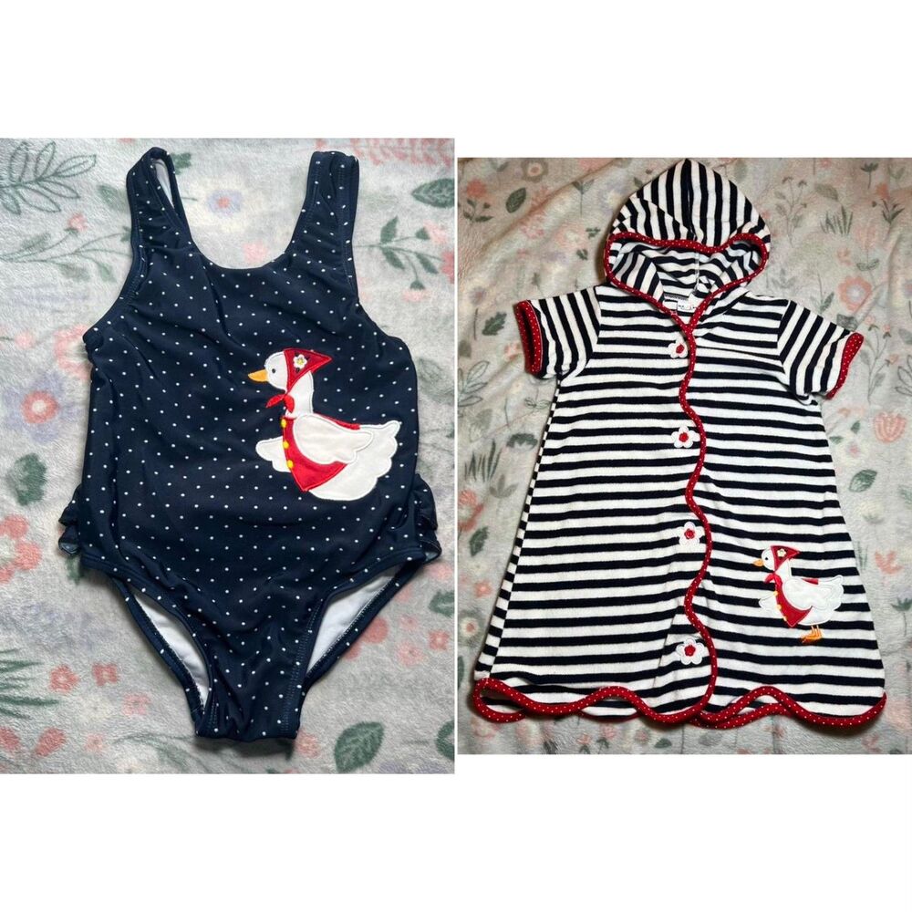 Vintage 90s Swimsuit And Hoodie Cover-Up Dress Matching Set 4T Cottage Y2K Retro